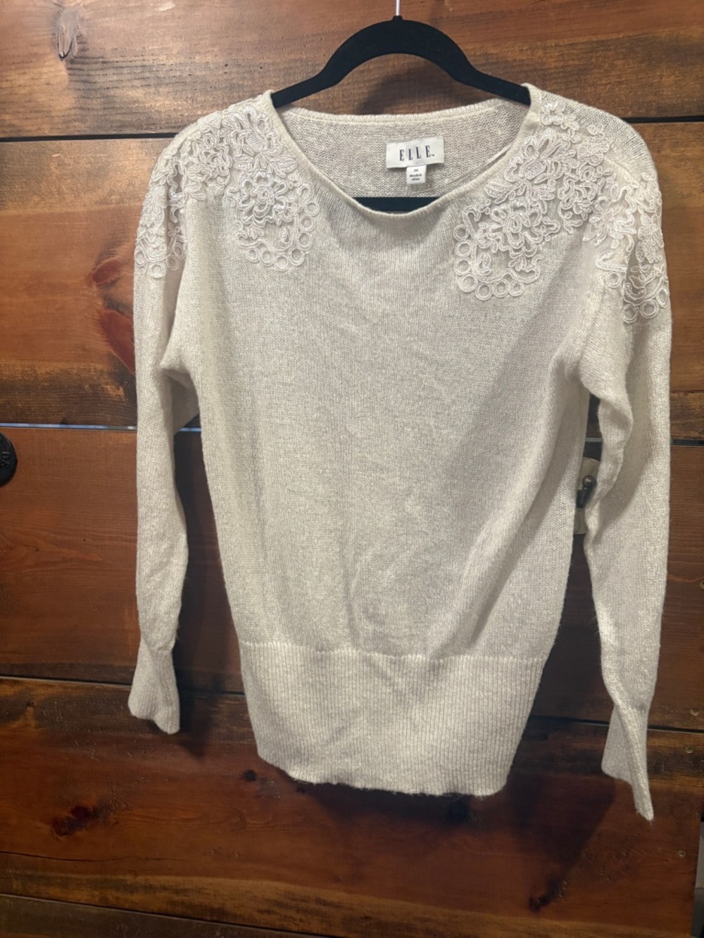 ELLE Beige Scoop Neck Sweater with Embroidered Lace Shoulder Detail